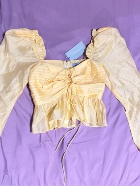 ANTONIO MELANI Light Yellow Puff-Sleeve Ruched Peplum Crop Top